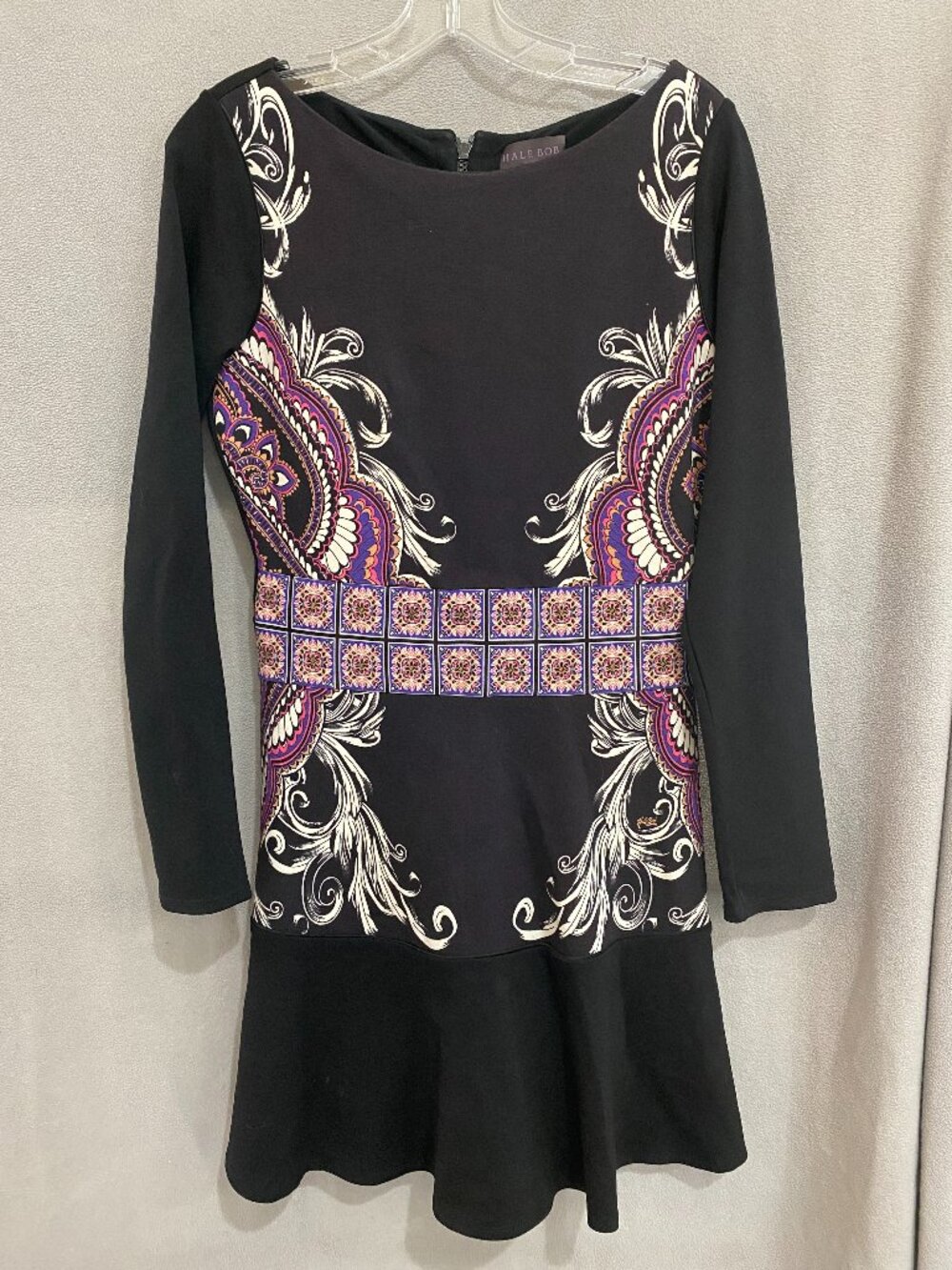 Hale Bob Black Printed Long Sleeve Fit & Flare Dress Size Small Boho Medallion